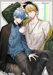  2boys black_pants blonde_hair blue_eyes blue_hair blue_sweater boots brown_footwear closed_mouth cup drinking_straw drinking_straw_in_mouth ear_piercing hair_between_eyes hand_on_headwear hat highres holding holding_cup jacket jewelry kise_ryouta kuroko_no_basuke kuroko_tetsuya long_sleeves looking_at_viewer male_focus multiple_boys necklace open_clothes open_jacket pants piercing plaid plaid_pants shirt sonomi sweater twitter_username white_shirt 