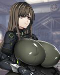  1girl alternate_breast_size armor armored_bodysuit armored_gloves bad_anatomy bodysuit breasts brown_hair commentary commentary_request covered_nipples cowboy_shot dekapaiyukari goddess_of_victory:_nikke gun holding holding_gun holding_weapon huge_breasts impossible_bodysuit impossible_clothes long_hair looking_ahead mass-produced_nikke mecha_musume mechanical_arms medium_hair numbered red_eyes shiny_clothes shoulder_armor solo standing swept_bangs weapon 