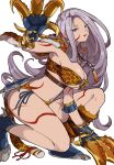  1girl :p animal_print aoko_72 belt bikini breasts claw_(weapon) earrings facial_tattoo highres jewelry large_breasts leopard_print licking_lips light_purple_hair long_hair looking_at_viewer megido72 necklace ose_(megido72) print_bikini solo squatting strapless strapless_bikini swimsuit tail tattoo tongue tongue_out very_long_hair weapon 