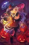  1girl alternate_costume artist_name breasts cleavage commentary corrin_(female)_(fire_emblem) corrin_(fire_emblem) fire_emblem fire_emblem_fates food hair_between_eyes halloween halloween_costume hat highres holding holding_food holding_pumpkin holding_vegetable jack-o&#039;-lantern lantern large_breasts large_hat long_hair looking_at_viewer night pumpkin red_eyes solo spiffydc vegetable very_long_hair white_hair witch_hat 
