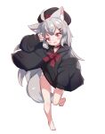  1girl ahoge animal_ear_fluff animal_ears arm_up bare_legs barefoot belt_collar black_coat black_headwear black_sailor_collar black_shirt blush borrowed_character bow coat coat_partially_removed collar commentary done_(donezumi) fang full_body grey_hair hair_ornament hairclip head_tilt highres leg_up long_hair long_sleeves open_clothes open_coat open_mouth original panties panty_peek pink_eyes red_bow red_collar rir-chan sailor_collar shirt shirt_bow simple_background solo standing standing_on_one_leg striped striped_panties tail underwear white_background wind wolf_ears wolf_girl wolf_tail 