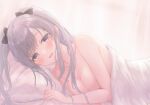  1girl bandaid bandaid_on_face blanket blush bow breasts cleavage collarbone completely_nude gameso grey_hair hair_bow highres idolmaster idolmaster_shiny_colors indoors looking_at_viewer lying medium_breasts nude on_side purple_eyes smile solo twintails yukoku_kiriko 