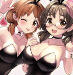  2girls animal_ears asano_fuka bare_shoulders black_choker black_hair black_hairband black_leotard blush breasts brown_eyes brown_hair choker cleavage collarbone commentary_request detached_collar dot_nose fake_animal_ears glasses hairband hands_up highres holding_hands idolmaster idolmaster_cinderella_girls interlocked_fingers katagiri_sanae large_breasts leotard looking_at_viewer low_twintails multiple_girls one_eye_closed open_mouth rabbit_ears round_eyewear short_hair sidelocks simple_background smile tongue tongue_out twintails waving wrist_cuffs yuzuhota0313 