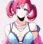  1girl bead_necklace beads black_bra blue_camisole blue_eyes bra breasts camisole commentary digimon digimon_story:_cyber_sleuth highres jacket jewelry lury.sgh medium_breasts necklace off_shoulder pink_jacket red_hair shiramine_nokia twintails underwear 