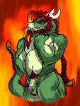 anthro ballistickoko balls beard belly big_butt body_hair braided_hair braided_ponytail breasts butt dragon eastern_dragon facial_hair fire flaccid flaming_hair genitals green_body green_scales hair hairy_balls hi_res horn male muscular muscular_anthro muscular_arms muscular_male penis ponytail pseudo_hair pubes rex(dragon)_(ballistickoko) scales sideburns solo tail thick_arms thick_penis thick_thighs vein veiny_penis wide_hips 