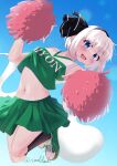  1girl absurdres adapted_costume black_hairband black_socks blue_eyes blue_sky cheerleader collarbone commentary crop_top full_body ghost green_footwear green_shirt green_skirt hairband highres holding holding_pom_poms konpaku_youmu konpaku_youmu_(ghost) midriff myon_(phrase) navel outdoors pom_pom_(cheerleading) rital shirt shoes short_hair skirt sky sneakers socks stomach touhou white_hair 