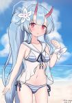  1girl beach bikini blue_archive blue_hair blue_sky blunt_bangs blurry blush breasts chise_(blue_archive) chise_(swimsuit)_(blue_archive) cleavage cloud cloudy_sky collarbone commentary_request depth_of_field hair_between_eyes halo highres horizon horns long_hair looking_at_viewer navel neko_huan ocean official_alternate_costume oni_horns outdoors parted_lips red_eyes sailor_collar see-through_camisole side-tie_bikini_bottom side_ponytail sidelocks simple_background sky sleeveless solo stomach striped striped_bikini swimsuit 
