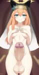  1girl animal_ear_headwear blue_archive blue_eyes blurry blurry_background blush breasts closed_mouth coif cowboy_shot erection futanari hair_between_eyes halo highres huge_penis huge_testicles long_hair looking_at_viewer mari_(blue_archive) nipples nnilaee nude orange_hair penis precum small_breasts smile solo testicles uncensored 