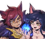  1boy 1girl ahri_(league_of_legends) animal_ears black_hair breasts brown_eyes brown_hair cleavage closed_mouth collarbone english_commentary facial_hair facial_mark fang fingernails fox_ears fox_girl fur_trim league_of_legends long_hair looking_at_another nail_polish open_mouth phantom_ix_row red_nails scar scar_on_face scar_on_nose sett_(league_of_legends) short_hair simple_background smile sweatdrop v-shaped_eyebrows whisker_markings white_background yellow_eyes 