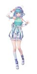  1girl :d arm_warmers asymmetrical_legwear bag bare_shoulders bekki_(vtuber) belt_pouch blue_bow blue_eyes blue_hair blue_shirt blue_shorts bob_cut bow chinese_knot colored_inner_hair footwear_bow full_body gui_mi hair_bow hand_up high-waist_shorts highres looking_at_viewer multicolored_hair official_art pouch puffy_shorts purple_bow purple_hair purple_headwear purple_socks shirt short_hair shorts shoulder_bag single_sock sixiwanzi sleeveless sleeveless_turtleneck smile socks solo standing standing_on_one_leg tachi-e tassel teeth turtleneck two-tone_shorts upper_teeth_only virtual_youtuber white_background white_footwear white_shorts 