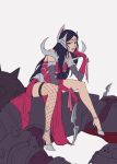  1girl black_hair blue_eyes breasts closed_mouth dress gloves hair_ornament high_heels highres irelia knight league_of_legends long_hair pink_gloves qi_mang_(qimang) red_dress simple_background single_fishnet_legwear sitting sitting_on_person very_long_hair weapon white_background 