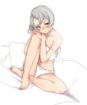  1girl asymmetrical_hair barefoot blue_eyes blush bra full_body grey_hair highres kantai_collection looking_to_the_side nowaki_(kancolle) off_shoulder own_hands_together panties parted_lips rizzl simple_background sitting solo sports_bra underwear underwear_only white_background white_panties 
