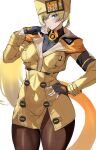  ashiomi_masato blonde_hair blue_eyes blush breasts collared_shirt fingerless_gloves fur_hat gloves guilty_gear guilty_gear_strive hat highres jacket large_breasts long_hair military military_jacket military_uniform millia_rage shirt thick_thighs thighhighs thighs uniform yellow_jacket 