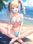  1girl angelina_kudou_shields barefoot beach bikini blonde_hair blue_bikini blue_eyes blue_sky blush breasts day drill_hair feet flower full_body hair_flower hair_ornament hair_ribbon highres large_breasts legs looking_at_viewer mahouka_koukou_no_rettousei navel open_mouth outdoors pasya-pasya ribbon sky solo swimsuit toenails toes twin_drills twintails water 