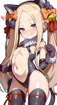  1girl abigail_williams_(fate) animal_ear_fluff animal_ears animal_hands bare_shoulders bell black_bow black_gloves black_leotard black_thighhighs blonde_hair blue_eyes blush bow breasts cat_ears cat_tail center_opening cosplay elbow_gloves fake_animal_ears fate/grand_order fate/kaleid_liner_prisma_illya fate_(series) forehead fur_collar gloves hair_bow hair_ribbon highres illyasviel_von_einzbern illyasviel_von_einzbern_(beast_style) illyasviel_von_einzbern_(beast_style)_(cosplay) jingle_bell leotard licking_lips long_hair looking_at_viewer navel orange_bow parted_bangs paw_gloves ribbon shimejinameko sidelocks small_breasts smile solo tail thick_thighs thighhighs thighs tongue tongue_out twintails wide_hips 
