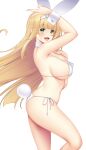  1girl animal_ears armpits bikini blonde_hair breasts feet_out_of_frame green_eyes hataraki_kuma highres large_breasts long_hair looking_at_viewer open_mouth original playboy_bunny_swimsuit rabbit_ears rabbit_tail side-tie_bikini_bottom simple_background smile solo standing standing_on_one_leg swimsuit tail white_background white_bikini 