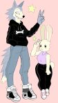  9:16 anthro beastars big_ears biped black_clothing bottomwear breasts canid canine canis claws clothing duo fangs female fur gesture grey_body grey_clothing grey_ears grey_fur grey_tail haru_(beastars) hi_res hoodie lagomorph legoshi_(beastars) leporid long_ears male mammal multicolored_ears pants paws pink_background pink_clothing pink_ears puppkittyfan1 purple_clothing rabbit shirt simple_background smile tail teeth topwear two_tone_ears v_sign white_body white_clothing white_ears white_fur white_tail wide_hips wolf 