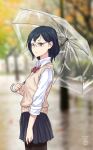  1girl absurdres artist_logo black_hair black_pantyhose black_skirt blue_eyes blurry blurry_background bow bowtie brown_sweater_vest closed_mouth collared_shirt dated english_commentary facing_to_the_side from_side glasses haikyuu!! highres holding holding_umbrella jvco_arts looking_at_viewer medium_hair mole mole_under_mouth outdoors pantyhose pleated_skirt red_bow red_bowtie rimless_eyewear shimizu_kiyoko shirt skirt solo sweater_vest transparent transparent_umbrella umbrella wet wet_clothes white_shirt 