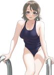 1girl :d absurdres blue_eyes blush breasts brown_hair climbing_ladder commentary_request dunchy highres looking_at_viewer love_live! love_live!_sunshine!! medium_breasts open_mouth school_swimsuit short_hair smile solo swimsuit teeth upper_teeth_only watanabe_you white_background 
