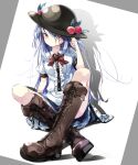  1girl apron black_headwear blue_hair blue_skirt boots bow bowtie brown_footwear buttons center_frills closed_mouth collared_shirt commentary cross-laced_clothes food frilled_skirt frills fruit full_body gorilla_(bun0615) hat highres hinanawi_tenshi knees_up leaf leaf_hat_ornament long_hair looking_at_viewer peach peach_hat_ornament puffy_short_sleeves puffy_sleeves red_bow red_bowtie red_eyes shadow shirt short_sleeves sitting skirt smile solo touhou waist_apron white_apron white_shirt 