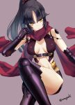  1girl android aona_(anagasaki) bare_shoulders black_hair breasts center_opening fate/grand_order fate_(series) highres joints katou_danzou_(fate) large_breasts leotard long_hair looking_at_viewer parted_bangs ponytail purple_leotard red_scarf robot_joints scarf sidelocks solo thighs yellow_eyes 
