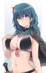  1girl bikini black_bikini black_capelet blue_eyes blue_hair blush breasts byleth_(female)_(fire_emblem) byleth_(female)_(summer)_(fire_emblem) byleth_(fire_emblem) capelet cleavage closed_mouth commentary_request cowboy_shot dagger fire_emblem fire_emblem:_three_houses fire_emblem_heroes flower hair_between_eyes hair_flower hair_ornament hand_on_own_chest hibiscus highres knife komurice large_breasts long_hair looking_at_viewer midriff navel official_alternate_costume red_flower sheath sheathed sideboob sidelocks single_bare_shoulder solo standing swimsuit tassel weapon 