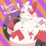  2022 absurd_res anthro bandage belly big_belly biped blush claws digital_media_(artwork) generation_3_pokemon halloween hi_res holidays jimmyzangoo looking_at_viewer male moon nintendo nude pokemon pokemon_(species) simple_background smile solo zangoose 