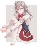  1girl artist_logo bodice bow bowtie brown_eyes grey_background grey_hair hat highres kantai_collection knees_together_feet_apart knees_up kukimaru legs looking_at_viewer messy_hair mini_hat no_shoes notice_lines pola_(kancolle) red_bow red_bowtie red_skirt shirt sitting skirt solo thick_eyebrows thighhighs tilted_headwear wavy_hair white_shirt white_thighhighs 