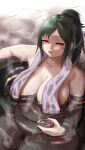 alcohol breasts closed_eyes commission covered_nipples cup female_pubic_hair green_eyes highres large_breasts long_hair midoriya_inko naked_towel onsen pixiv_commission ponytail pubic_hair sakazuki sake see-through solo towel towel_around_neck water wet_towel 
