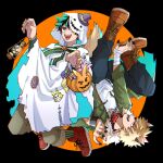  2boys all_might animal_collar animal_ears ankle_boots bakugou_katsuki bandaged_wrist bandages black_background black_nails blonde_hair blue_pants blurry boku_no_hero_academia boots bow bowtie bright_pupils brooch brown_footwear buckle cameo candy carrying chain chain_leash character_food character_print checkerboard_cookie chromatic_aberration circle cloak collar cookie cross-laced_footwear cuffs depth_of_field drawstring fake_animal_ears fangs film_grain fingernails floating_clothes food freckles full_body fur-trimmed_jacket fur_trim ghost_costume ghost_pose green_eyes green_hair green_jacket hair_between_eyes halloween halloween_bucket halloween_costume hand_up hands_up hat highres hood hood_over_one_eye hood_up hooded_cloak jacket jewelry knees_up lantern lapels leash legs_up lollipop long_sleeves looking_ahead male_focus midoriya_izuku mini_hat mini_witch_hat multiple_boys official_alternate_costume open_mouth orange_background pants pants_rolled_up pants_tucked_in patch profile pumpkin_brooch red_collar red_eyes red_footwear rotational_symmetry sanpaku shackles sharp_fingernails shiina_(chippy0310) shirt shoes short_hair sleeves_past_elbows sleeves_rolled_up smile sneakers socks spiked_hair stitches striped striped_bow striped_bowtie striped_socks swirl_lollipop torn_cloak torn_clothes torn_shirt two-tone_background vertical-striped_socks vertical_stripes white_cloak white_pupils white_shirt witch_hat wolf_ears wrapped_candy 