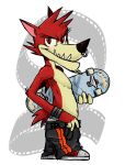  absurd_res anthro atlus bottomwear canid canine canis clothed clothing decker digital_media_(artwork) facial_piercing fingers footwear fur go!_go!_hypergrind hi_res looking_at_viewer male mammal mysterymanbob nose_piercing nose_ring pants partially_clothed piercing punk red_body red_eyes red_fur ring_piercing sagging sagging_pants sega shoes simple_background skateboard smile solo standing teeth toony topless underwear white_background wolf wristband 