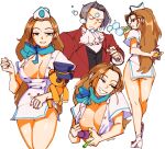  1boy 1girl 3amsoda ace_attorney ace_attorney_investigations artist_name ascot ass blue_scarf breasts brown_hair business_suit cammy_meele earrings flight_attendant highres jewelry large_breasts looking_at_viewer miles_edgeworth multiple_views red_suit scarf simple_background soap_bubbles solo_focus stuffed_animal stuffed_toy suit teddy_bear travel_attendant white_background 