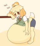  animal_crossing anthro belly big_belly blonde_hair blush bottomwear breasts breath canid canine canis clothing domestic_dog female fur hair hi_res hyper hyper_belly isabelle_(animal_crossing) mammal nintendo panting pompuffy_(artist) shih_tzu shirt shorts smile solo sound_effects standing tail text topwear toy_dog yellow_body yellow_fur 