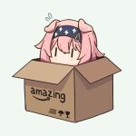  1girl amazon_(company) animal_ears arknights black_hairband box brand_name_imitation cardboard_box cat_ears cat_girl chibi floppy_ears flying_sweatdrops fragile_symbol goldenglow_(arknights) hair_ornament hairband hairclip in_box in_container kibashiba logo_parody pink_hair print_hairband simple_background solo white_background |_| 