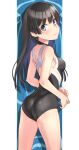  1girl ass black_hair black_one-piece_swimsuit blue_eyes breasts competition_swimsuit cowboy_shot long_hair looking_at_viewer looking_back medium_breasts one-piece_swimsuit raika9 saten_ruiko skindentation smile solo swimsuit toaru_kagaku_no_railgun toaru_majutsu_no_index twitter_username two-tone_swimsuit white_one-piece_swimsuit 