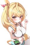  1girl absurdres blonde_hair blue_shorts blush cellphone commentary_request front-tie_top fumi_(fumibeing) hair_ornament heterochromia highres hoshikawa_sara hoshikawa_sara_(1st_costume) long_hair nijisanji phone pink_nails red_eyes shorts side_ponytail smartphone solo very_long_hair virtual_youtuber x_hair_ornament yellow_eyes 