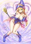  1girl bare_legs bare_shoulders blonde_hair blue_dress blue_headwear blush boots breasts cleavage dark_magician_girl detached_sleeves dress duel_monster fii_fii_(feefeeowo) floating full_body green_eyes groin hair_between_eyes hand_up heart highres hip_focus holding holding_wand knees_together_feet_apart large_breasts leaning_forward leaning_to_the_side legs legs_folded long_hair looking_at_viewer no_panties off-shoulder_dress off_shoulder revealing_clothes smile solo strapless strapless_dress thigh_gap thighs very_long_hair w wand weapon_behind_back yu-gi-oh! 
