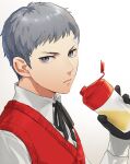  1boy black_gloves collared_shirt cup gloves gradient_background grey_background grey_eyes grey_hair holding holding_cup isa_(peien516) long_sleeves looking_at_viewer male_focus neck_ribbon persona persona_3 red_sweater_vest ribbon sanada_akihiko shirt simple_background solo sweater_vest upper_body white_background white_shirt 
