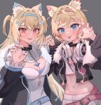  2girls :3 :d animal_ear_fluff animal_ears black_jacket blonde_hair blue_hair blue_nails blush breasts claw_pose cleavage cleavage_cutout closed_mouth clothing_cutout cropped_jacket cropped_shirt dog_ears dog_girl dress fangs fur-trimmed_jacket fur_trim fuwawa_abyssgard hair_ornament hairpin highres hololive hololive_english jacket kumaaashy long_hair looking_at_viewer medium_breasts medium_hair mococo_abyssgard multicolored_hair multiple_girls navel open_mouth pink_hair pink_nails shirt shorts siblings sidelocks sisters skin_fangs smile streaked_hair tongue tongue_out twins two_side_up virtual_youtuber white_dress white_shirt white_shorts x_hair_ornament 