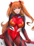  1girl absurdres blue_eyes bodysuit breasts commentary_request covered_navel cowboy_shot gloves hair_between_eyes highres interface_headset large_breasts light_blush long_hair looking_at_viewer maskiy neon_genesis_evangelion open_mouth orange_hair pilot_suit plugsuit red_bodysuit simple_background skin_tight smile solo souryuu_asuka_langley thighs two_side_up white_background 