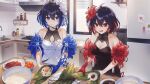  2girls ahoge artist_request bare_shoulders black_dress black_hair blue_eyes blue_gloves blue_hair breasts chinese_clothes chinese_food cleavage cleavage_cutout closed_mouth clothing_cutout colored_inner_hair cooking day dragon_boat_festival drawer dress dual_persona flower food gloves hair_flower hair_ornament heart height_difference highres holding holding_food honkai_(series) honkai_impact_3rd indoors kitchen light_blush looking_at_another looking_at_food medium_breasts multicolored_hair multiple_girls official_alternate_costume official_art open_mouth red_eyes red_flower red_gloves red_hair refrigerator rice seele_(alter_ego) seele_vollerei seele_vollerei_(stygian_nymph) short_hair single_bare_arm single_glove sink sleeveless smile spoon standing sticker white_dress white_flower window 