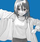  1girl blue_background blush breasts greyscale hair_between_eyes highres long_hair long_sleeves looking_at_viewer monochrome open_clothes open_shirt original shirt simple_background small_breasts solo spot_color sweat tank_top toyosaka 