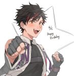  1boy black_gloves black_hair black_shirt clenched_hands dated ensemble_stars! fingerless_gloves fingernails gloves happy_birthday highres looking_at_viewer male_focus multicolored_hair nagumo_tetora naihowda open_mouth orange_eyes red_hair shirt short_hair solo star_(symbol) streaked_hair teeth turtleneck two-tone_hair upper_body upper_teeth_only white_background 