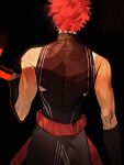 1boy bare_shoulders black_background commentary_request eeju emiya_shirou fate/grand_order fate_(series) from_behind highres holding holding_sword holding_weapon japanese_clothes male_focus red_hair rope senji_muramasa_(fate) senji_muramasa_(second_ascension)_(fate) shimenawa short_hair signature simple_background sleeveless solo sword upper_body weapon 