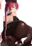  1girl absurdres ass bare_shoulders black_gloves black_headwear black_pantyhose blush breasts elbow_gloves gloves hair_between_eyes hat heterochromia highres hololive houshou_marine knbd large_breasts long_hair looking_back multicolored_hair pantyhose pink_hair red_eyes red_hair shako_cap solo streaked_hair thighs virtual_youtuber white_background yellow_eyes 