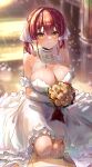  1girl blush bouquet breasts cleavage dress earrings flower gloves gold_earrings hai_0013 hair_ornament hair_ribbon heart heart_earrings heterochromia highres holding holding_bouquet hololive houshou_marine jewelry large_breasts long_hair looking_at_viewer red_eyes red_hair ribbon single_earring smile twintails virtual_youtuber wedding_dress white_dress white_gloves white_ribbon yellow_eyes 