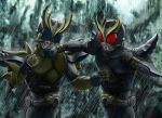  2boys arcle_(kuuga) battle belt black_eyes clenched_hands commentary_request dual_persona from_above gold_armor gold_horns gold_trim highres horns kamen_rider kamen_rider_dcd kamen_rider_kuuga kamen_rider_kuuga_(rising_ultimate_form) kamen_rider_kuuga_(series) kamen_rider_kuuga_(ultimate_form) male_focus multiple_boys punching rain taikyokuturugi time_paradox water_drop 