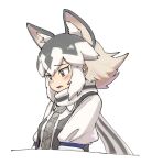  1girl absurdres animal_ears blush collared_shirt eastern_wolf_(kemono_friends) extra_ears fang grey_eyes grey_hair grey_necktie grey_scarf grey_vest hair_between_eyes highres juliet_sleeves kemono_friends long_sleeves looking_down multicolored_hair necktie okome_kogashi open_mouth plaid_necktie puffy_sleeves scarf shirt short_hair sidelocks solo two-tone_hair two-tone_scarf upper_body vest white_hair white_scarf white_shirt wolf_ears wolf_girl 