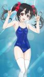  1girl \m/ black_hair blue_background blue_one-piece_swimsuit blush bow breasts commentary_request double_\m/ feet_out_of_frame hair_bow hands_up highres long_hair love_live! love_live!_school_idol_project one-piece_swimsuit open_mouth red_bow red_eyes small_breasts smile solo swimsuit thighhighs twintails watanabe_yoshihiro white_thighhighs yazawa_nico 