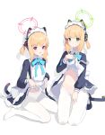  2girls absurdres animal_ear_headphones animal_ears apron aqua_ribbon black_dress black_footwear blonde_hair blue_archive bow cat_ear_headphones cat_tail closed_mouth clothes_lift clothes_pull commentary_request dress dress_lift fake_animal_ears frilled_dress frills frown gong_cha green_bow green_eyes hair_bow halo headphones highres kneeling lifted_by_self light_blush looking_at_viewer low_twintails maid maid_apron maid_headdress mechanical_tail midori_(blue_archive) midori_(maid)_(blue_archive) momoi_(blue_archive) momoi_(maid)_(blue_archive) multiple_girls navel neck_ribbon no_shoes official_alternate_costume open_mouth panties panties_under_pantyhose pantyhose pantyhose_pull pink_bow pink_eyes pulled_by_self ribbon short_hair siblings sidelocks sisters sitting smile stomach tail thigh_gap twins twintails underwear v-shaped_eyebrows wariza white_apron white_pantyhose 
